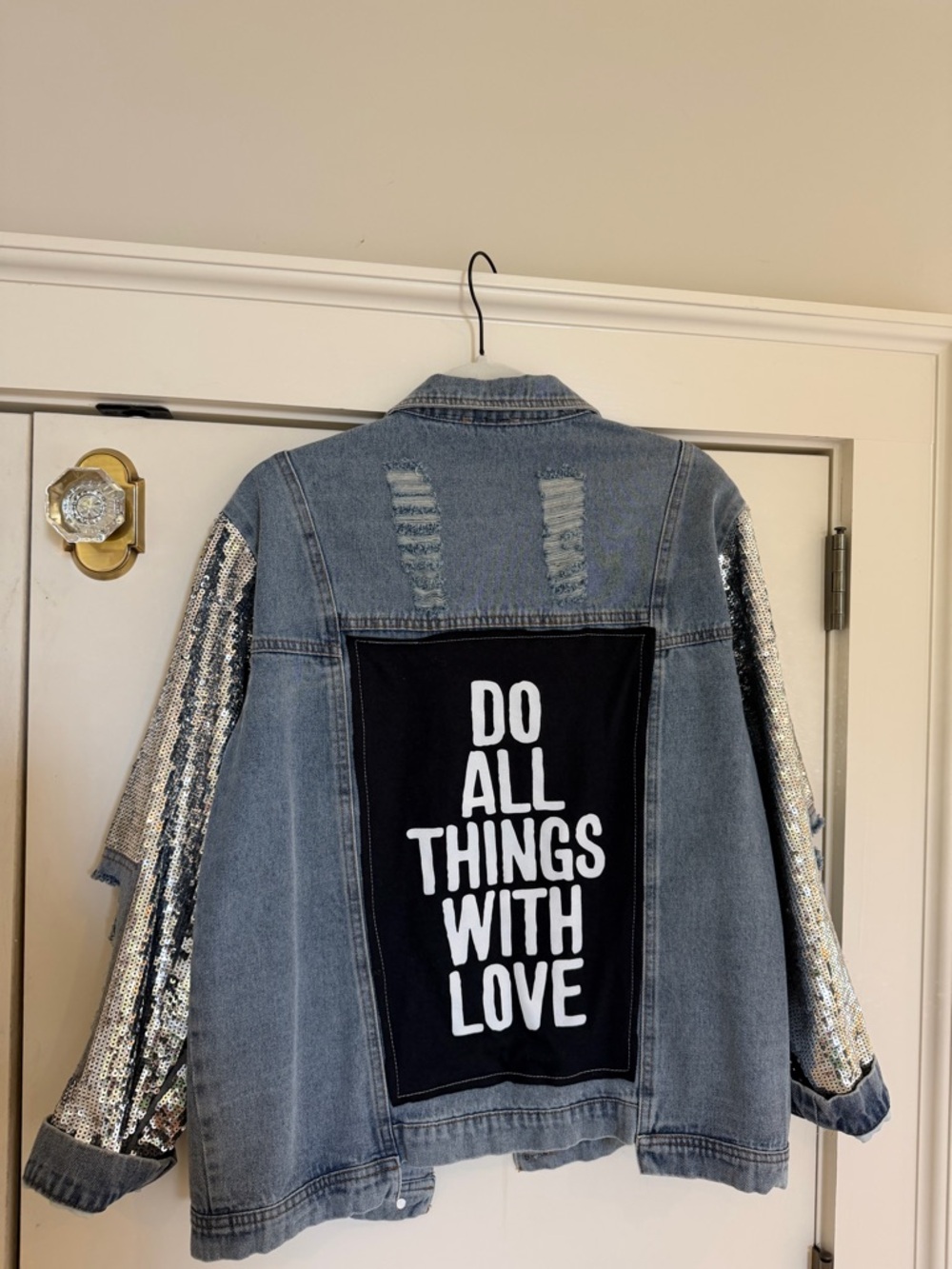 NWT Sojara “Do All Things With Love” Oversized Denim Jacket